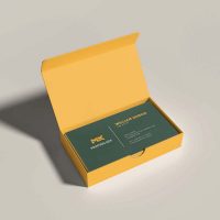 Business card mockup with a yellow open box